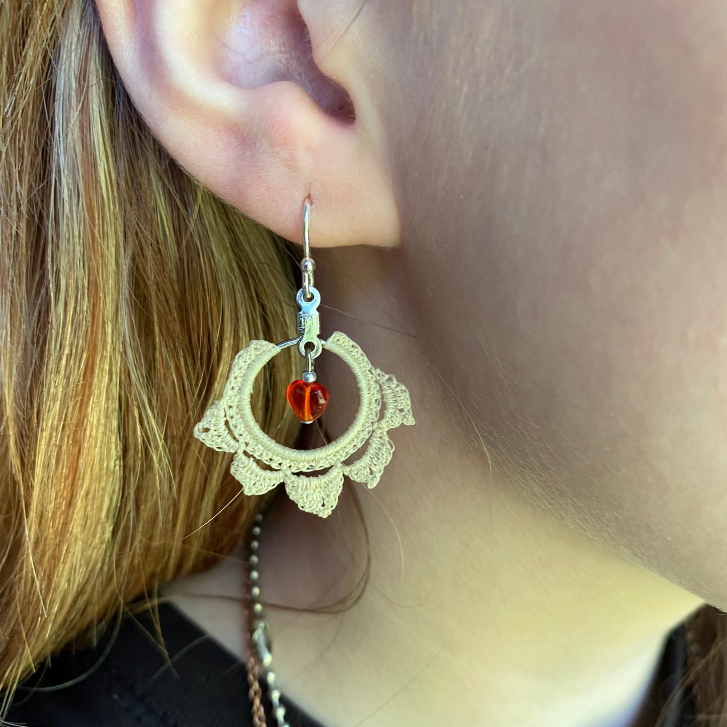 Crochet hoop earrings with bead accent