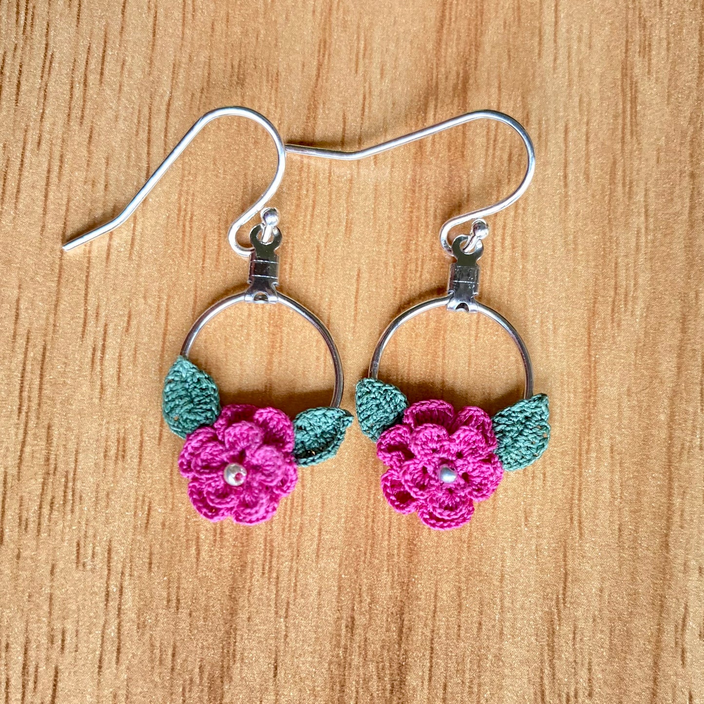 Micro-crochet pink rose earrings