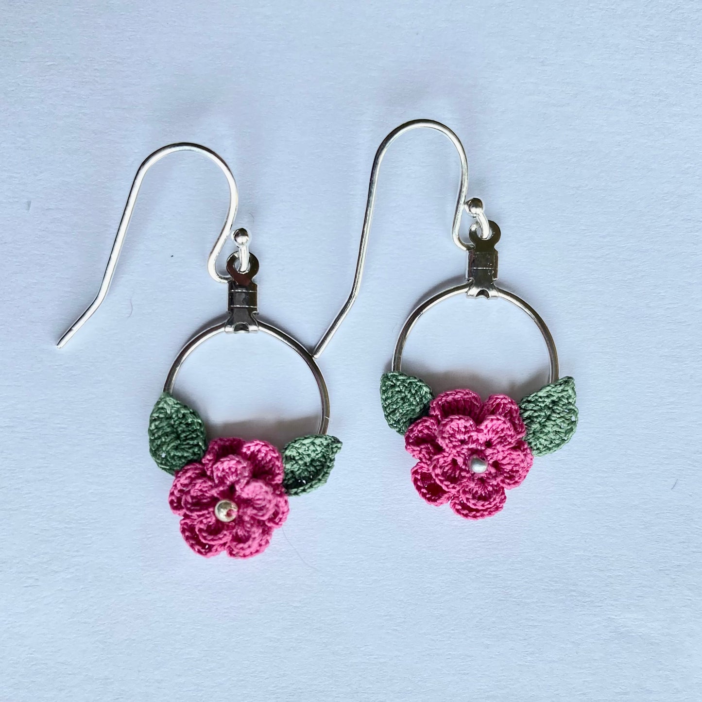 Micro-crochet pink rose earrings