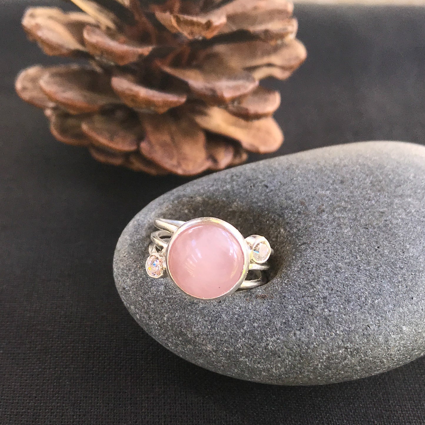 Rose Quartz and Cubic Zirconia Ring Size US 4