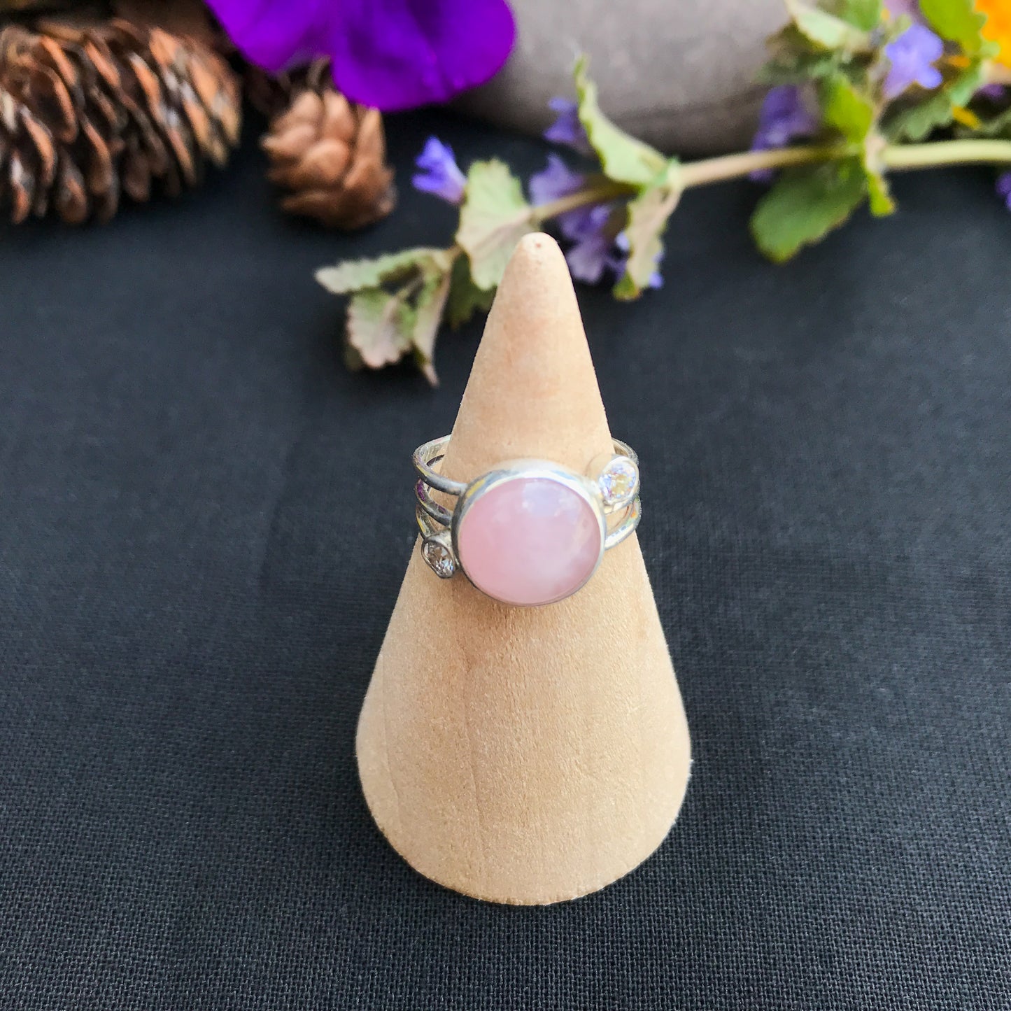 Rose Quartz and Cubic Zirconia Ring Size US 4